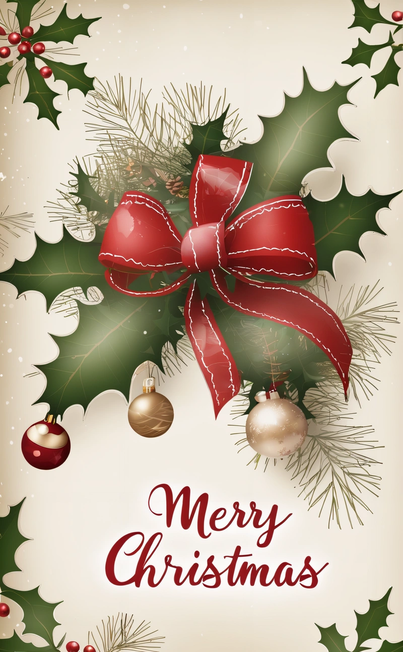 A Christmas card with a holly and ornaments on it, and a red bow on the top of the card, with a Merry message below, book cover, a digital rendering, folk art