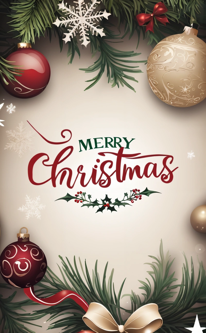 A Christmas card with a bow and ornaments on it, and a Merry message in the middle of the card, on a white background, plain background, a digital rendering, naive art