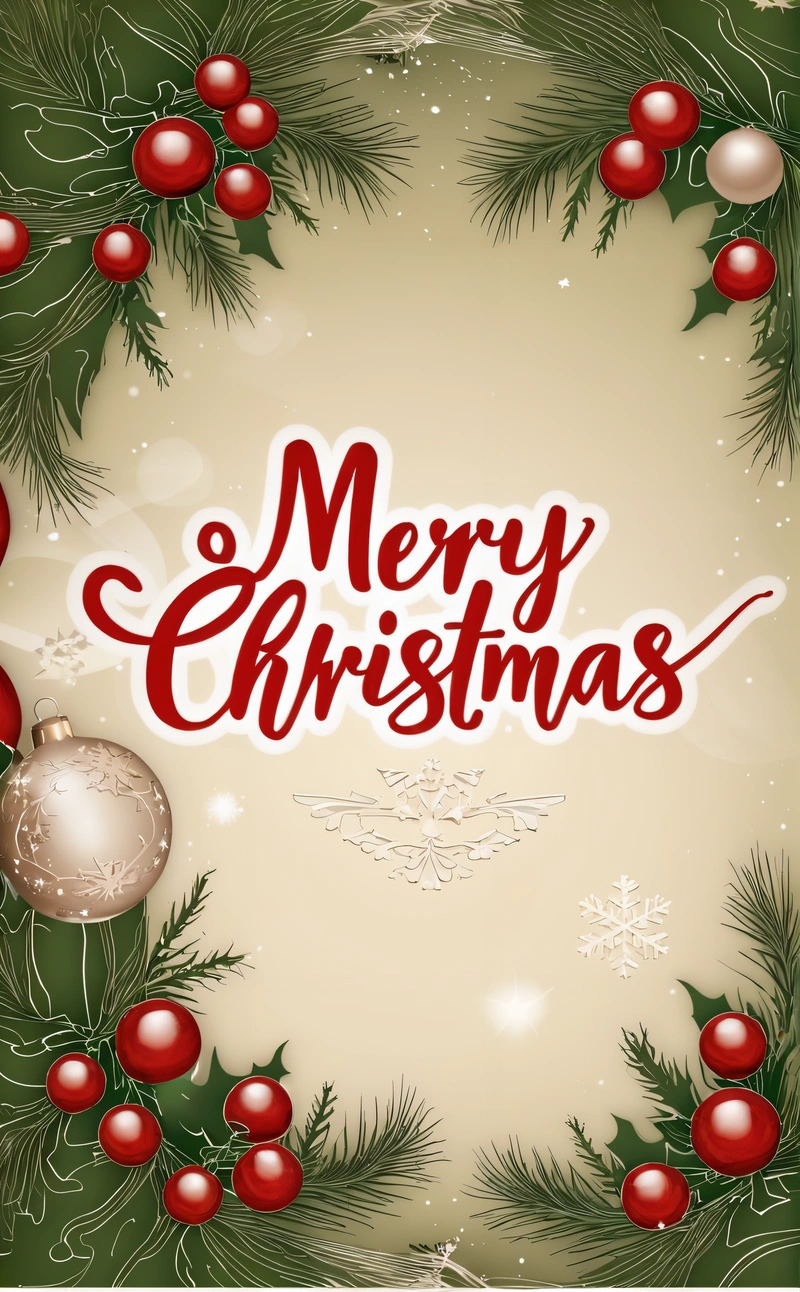 A Christmas card with a Merry message and ornaments on it, and a holly wreath with red berries and green leaves on a beige background, plain background, a digital rendering, naive art
