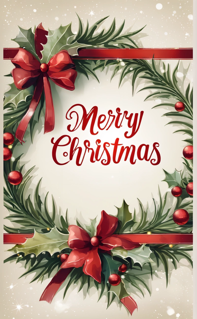 A Christmas card with a wreath and holly leaves and red bows on a white background with snowflakes and stars around it and the edges, plain background, a digital rendering, naive art