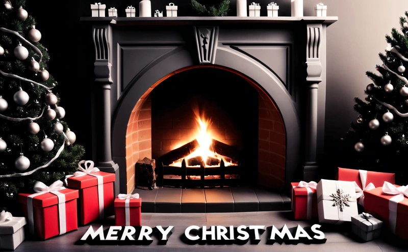 A fireplace with presents and a Christmas tree in front of it with a Merry Christmas message on it and a fireplace with a lit fire, unreal engine render, computer graphics, computer art