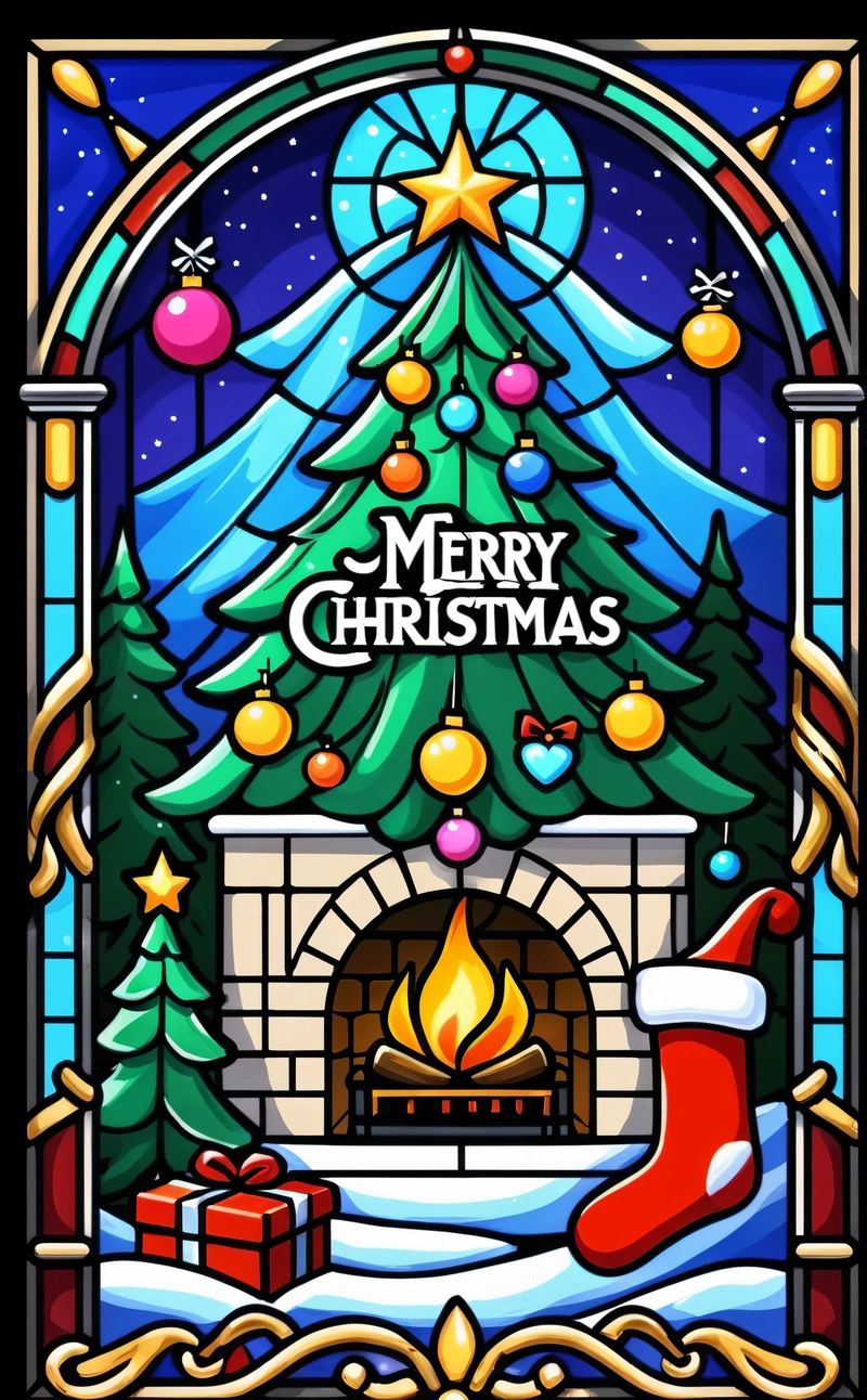 A stained glass window with a Christmas tree and stockings on it, and a fireplace with a lit candle in the center of the window, plain background, a digital rendering, folk art