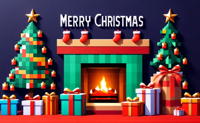 A Christmas fireplace with presents and a Christmas tree in the background with a Merry Christmas message on it's side and a lit fireplace, 3 d render, a 3d render, computer art
