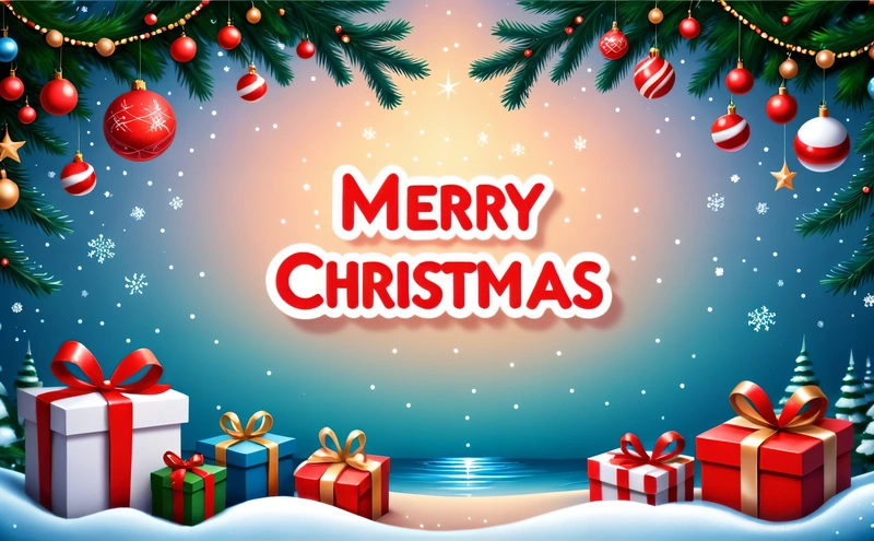 A Merry Christmas scene with presents under a tree with snow and stars on it and a blue background with a red and white Merry message, post processed, a digital rendering, naive art