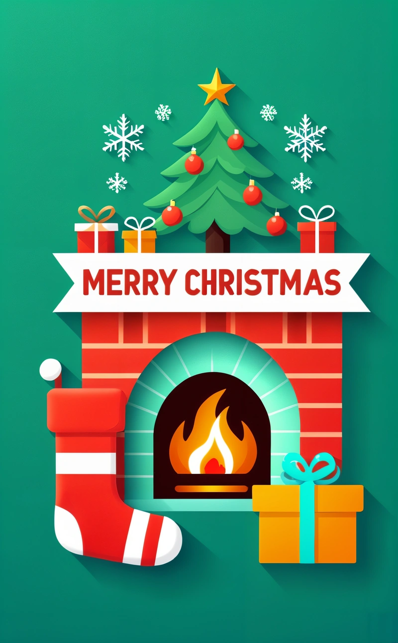 A Christmas card with a fireplace and presents on it, and a Merry Christmas sign above it, on a green background with a red ribbon, plain background, a digital rendering, naive art