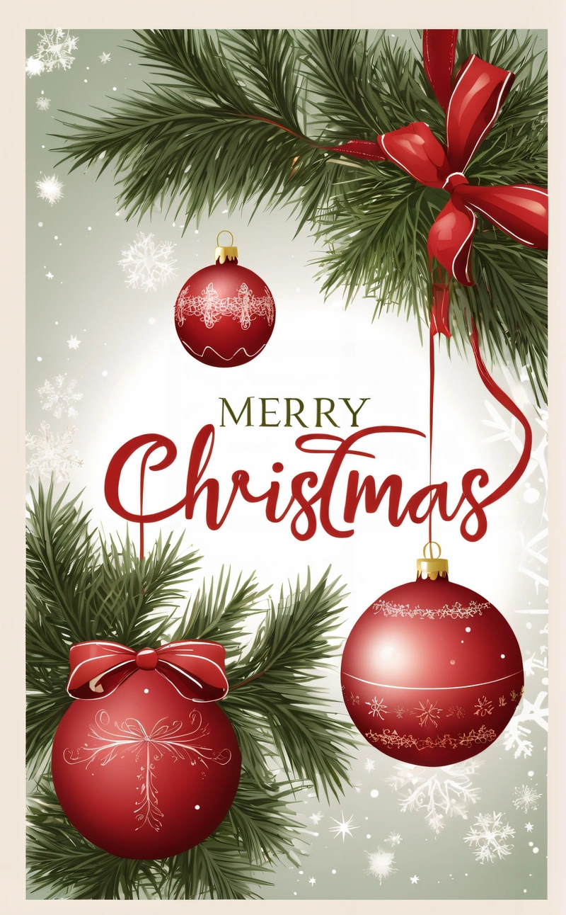 A Christmas card with ornaments hanging from a tree branch and a bow on it's head, with a Merry message below the image, book cover, a digital rendering, naive art