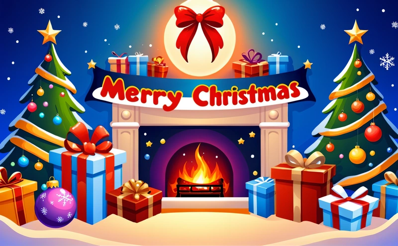 A Christmas fireplace with presents and a Merry sign above it that says Merry Christmas with a fireplace and presents under the tree with a star, behance hd, a digital rendering, naive art