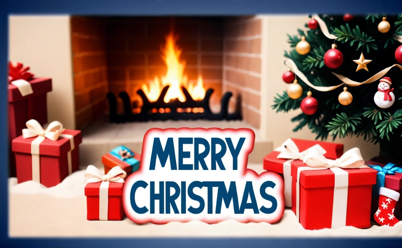 A Christmas card with presents and a fireplace in the background with a Merry Christmas message on it's front corner and a Christmas tree in the background, post processed, a digital rendering, naive art