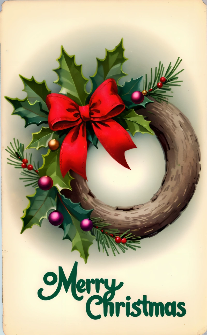 A Christmas card with a wreath and holly leaves and a red bow on it's front and back corner, with a Merry message in the middle, book cover, a digital rendering, folk art