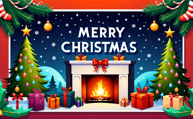 A Christmas fireplace with presents and a Merry sign above it that says Merry Christmas with a fireplace and presents under the tree with a red, plain background, computer graphics, naive art