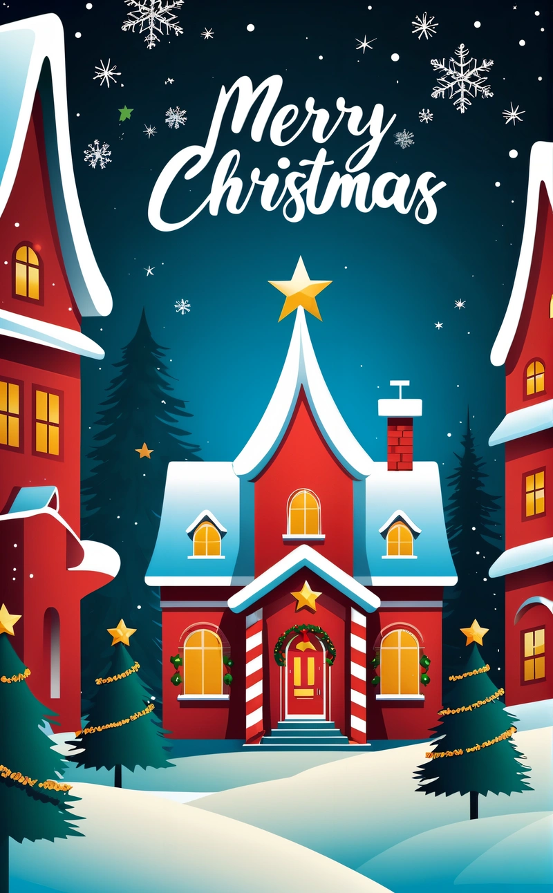 A Christmas card with a church and a star on top of it, and a snowy landscape with trees and snowflakes, and a snow covered hill with snow, book cover, a digital rendering, naive art