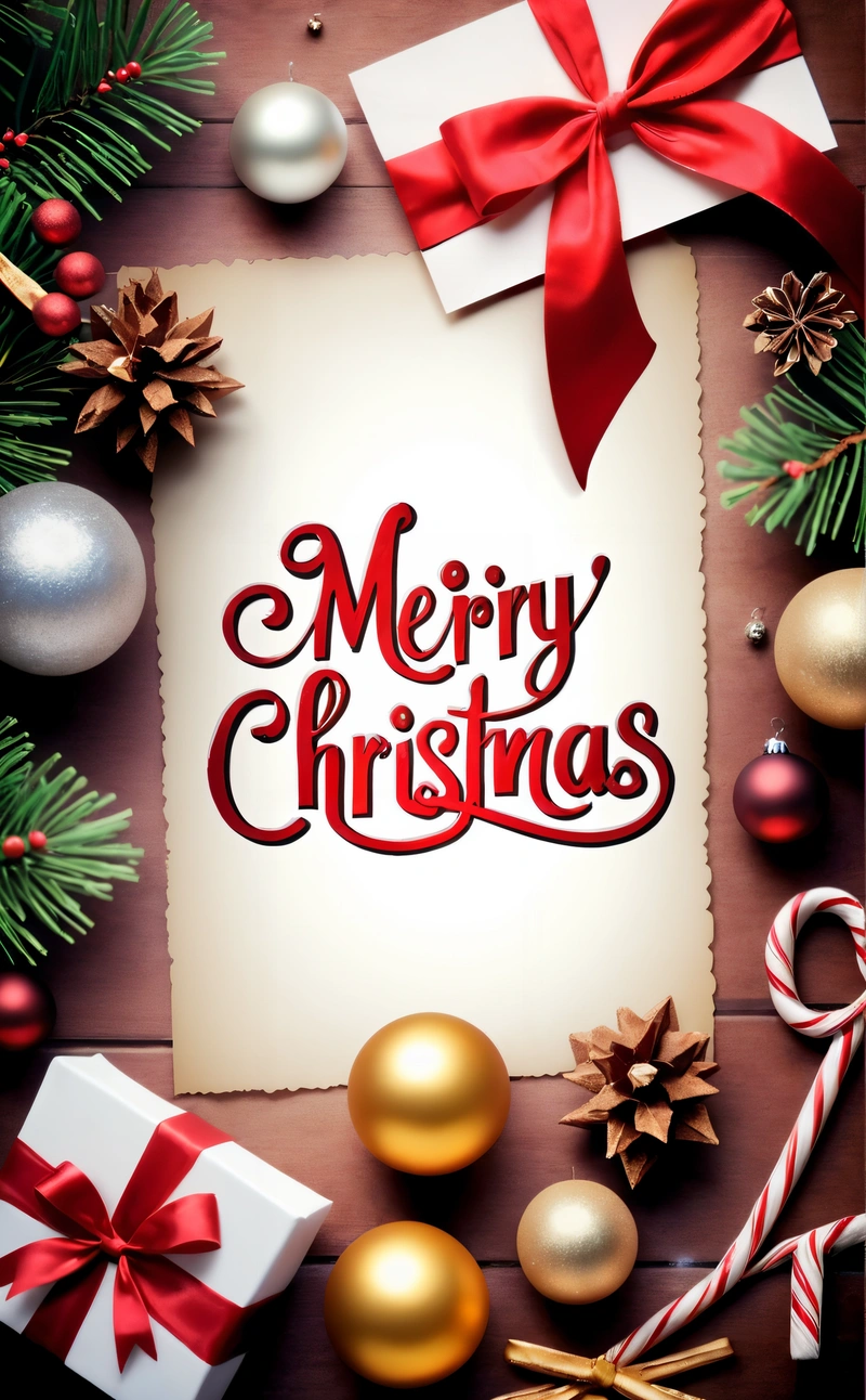 A Christmas card with a red Merry Christmas message surrounded by Christmas decorations and gifts on a wooden table with a red ribbon and a red bow, plain background, a digital rendering, naive art
