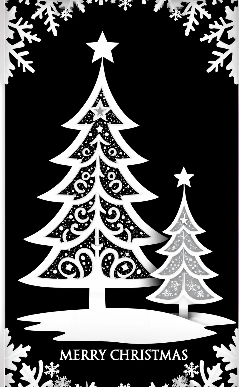 A Christmas card with a white tree on it and snowflakes around it, and a Merry Christmas message below it that reads Merry Christmas, black background, a silk screen, folk art
