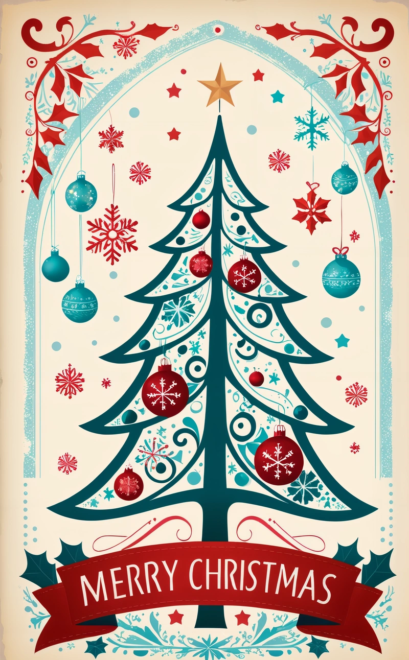 A Christmas card with a Christmas tree and a banner with a Merry message on it, and a star above the tree, and a ribbon with a red ribbon, poster, a poster, folk art