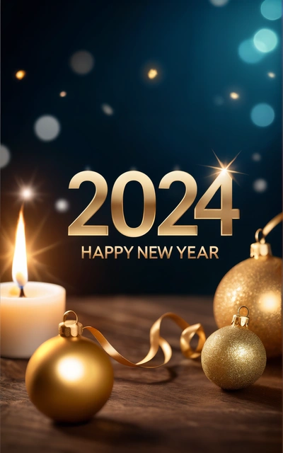 A happy New Year card with a candle and ornaments on a table with a blue background and a gold ribbon around it and a candle, future, a digital rendering, futurism