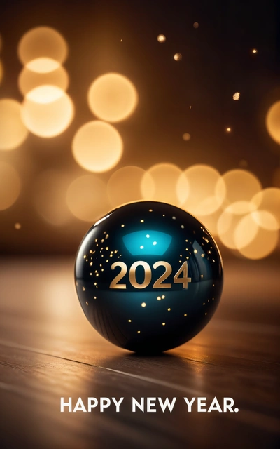 A blue ball with a happy New Year message on it sitting on a wooden floor in front of a boke of lights and a black background, 3 d render, a 3d render, futurism