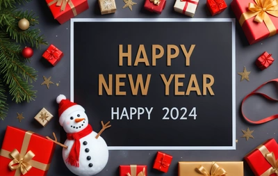 A snowman with presents around it and a happy New Year sign in the middle of it with a black background with gold lettering and a snowman, 4k uhd image, a digital rendering, futurism