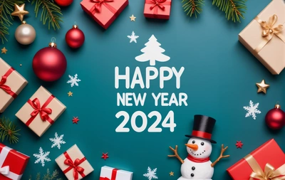 A snowman surrounded by presents and presents on a blue background with the words happy New Year in white lettering on the top of the image, future, a stock photo, futurism