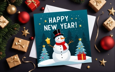 A snowman with a hat and scarf on a card with presents around it and a Christmas tree with a star on top of it, 4k uhd image, computer graphics, altermodern