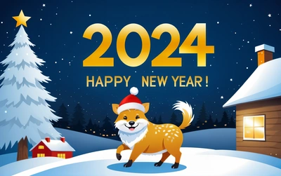 A cartoon dog is standing in the snow near a house and a Christmas tree with a happy New Year message on it's side, furaffinity, a digital rendering, futurism