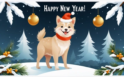 A dog wearing a santa hat and a red scarf standing in the snow with Christmas decorations around him and a happy New Year message below, plain background, computer graphics, furry art