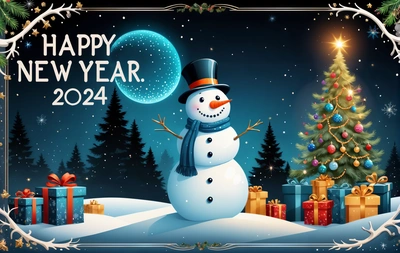 A snowman with a hat and scarf holding a present in front of a Christmas tree with presents under it and a blue moon in the sky, 4 k hd wallpaper, computer graphics, computer art