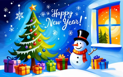 A snowman is next to a Christmas tree and presents under a window with a happy New Year message on it's card,, 4 k hd wallpaper, computer graphics, naive art