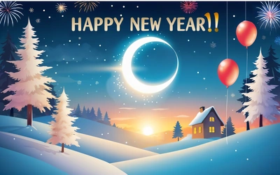 A Christmas card with a house and balloons in the snow at night with a full moon and stars in the sky above the trees and a snowy landscape, dark background, computer graphics, altermodern