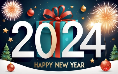 A happy New Year card with a present box and fireworks in the background of the Year 2012, with a gift box and a red ribbon, iso 200, a digital rendering, futurism