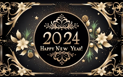 A black and gold New Year card with flowers and a circle frame with the number twenty twenty and twenty five on it, with a gold border, future, a digital rendering, futurism