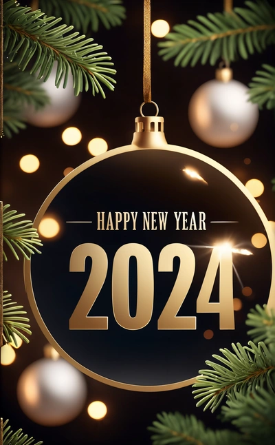 A happy New Year ornament hanging from a Christmas tree branch with lights in the background and a happy New Year message below it, iso 200, a digital rendering, futurism