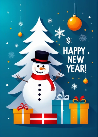 A snowman with a hat and scarf next to a Christmas tree with presents under it and a happy New Year message on the bottom, plain background, computer graphics, computer art