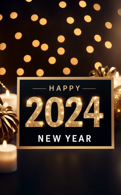 A happy New Year sign with candles and lights in the background of a festive backdrop with lights and a holiday decoration in the foreground, iso 200, a digital rendering, futurism