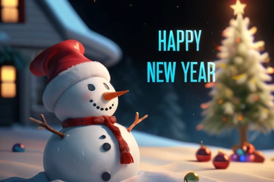 A snowman with a red hat and scarf standing in the snow with a Christmas tree in the background and a happy New Year message, 8 k render, a 3d render, computer art