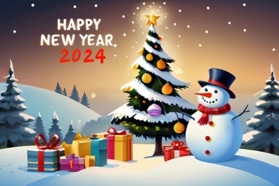 A snowman is standing next to a Christmas tree with presents under it and a happy New Year message in the background that says, happy New Year, future, a digital rendering, computer art