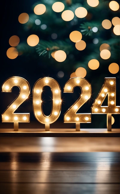 A lit up number sits in front of a Christmas tree with lights on it and a Christmas tree in the background with a lit up number, future, a 3d render, futurism