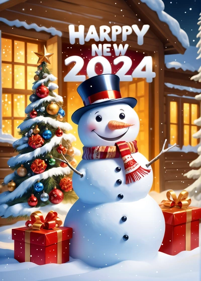 A snowman with a hat and scarf next to a Christmas tree and presents under a happy New Year sign with a snowy background and a lit, promotional image, a digital rendering, naive art