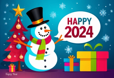 A snowman with a hat and scarf next to a Christmas tree and presents with a happy New Year message in a bubble bubble above it, 4 k hd wallpaper, a digital rendering, naive art