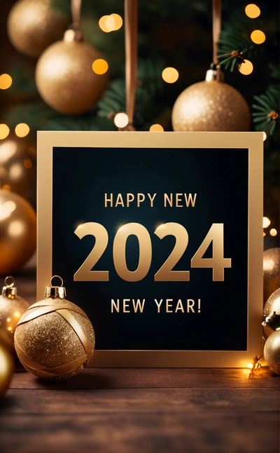 A black sign with a happy New Year message next to Christmas ornaments and lights on a table with a Christmas tree in the background with a gold baub, iso 200, a digital rendering, futurism