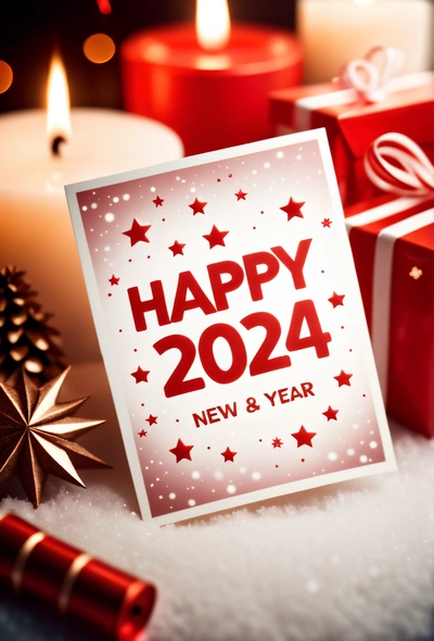 A happy New Year card with candles and presents on a table with snow and stars around it, with a candle and a gift box, promotional image, a digital rendering, futurism