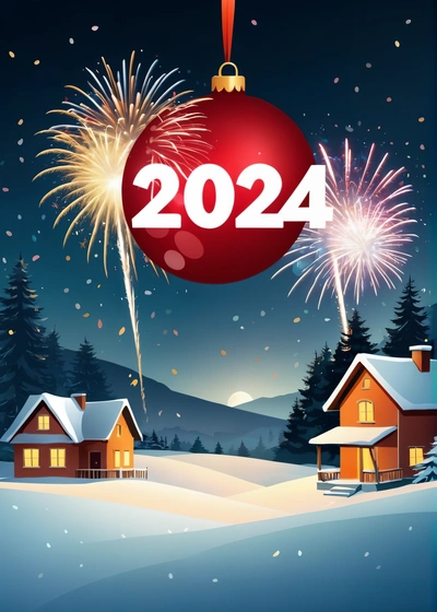 A Christmas ornament with a red ball and fireworks in the sky above a snowy landscape with houses and trees in the background and a red ornament, book cover, a digital rendering, futurism