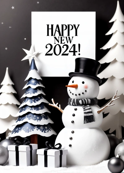 A snowman with a hat and scarf next to a Christmas tree and a sign that says happy New Year 2012 on it's day, promotional image, a digital rendering, futurism