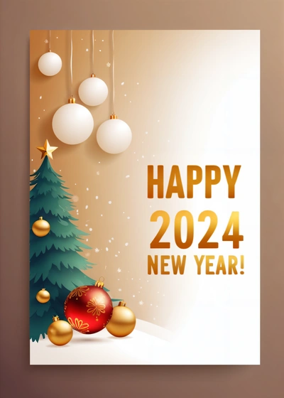 A happy New Year card with a Christmas tree and ornaments on it, and a happy New Year message below it that reads, happy New Year, futuristic, a digital rendering, futurism