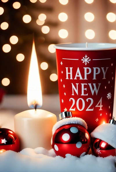 A candle and a cup with a happy New Year message on it in the snow with Christmas decorations around it and a lit candle in the background, promotional image, a computer rendering, futurism