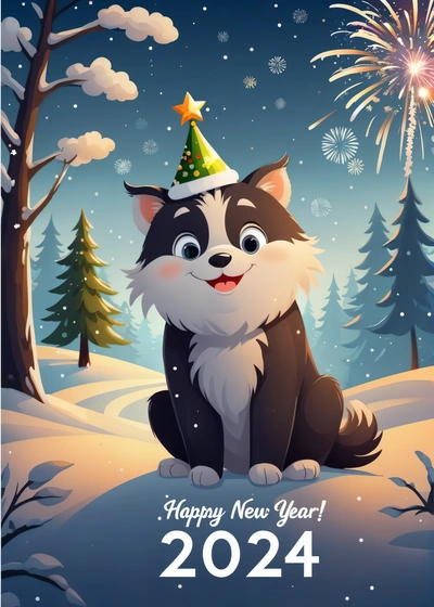 A happy New Year card with a cartoon dog wearing a party hat and fireworks in the background of a snowy landscape with trees and snow, plain background, computer graphics, furry art