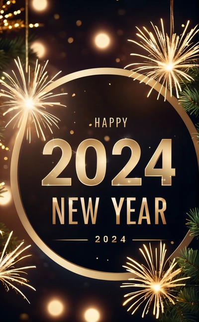 A happy New Year sign with fireworks in the background and a black circle with a gold frame that says happy New Year, with a black background, future, a digital rendering, futurism