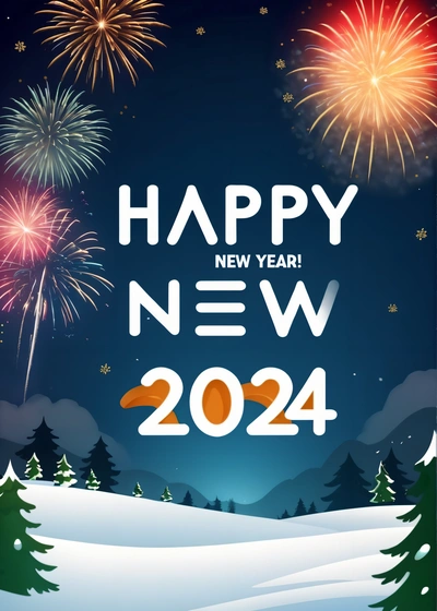 A happy New Year card with fireworks and snow covered trees in the background and a snowy landscape with pine trees and evergreens in the foreground, iso 200, a digital rendering, futurism