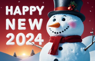 A snowman with a top hat and scarf on it's head and a red background with a happy New Year message in the middle, 4 k realistic, a 3d render, futurism