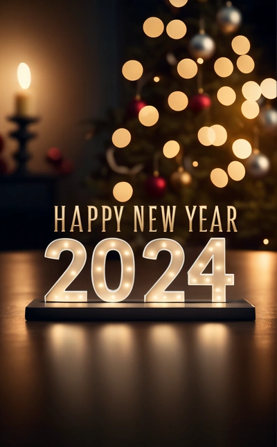 A happy New Year card with a lit up Christmas tree in the background and a lit up sign that reads, happy New Year 2012, future, a digital rendering, futurism