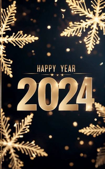 A happy New Year card with a snowflake and a happy New Year message in gold foil on a black background with snowflakes, promotional image, a digital rendering, futurism